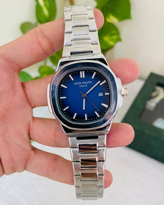 PP Date working white Chain Wrist Watch With Blue Dial